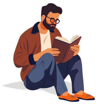 A man engrossed in reading a book, seated on the ground. png