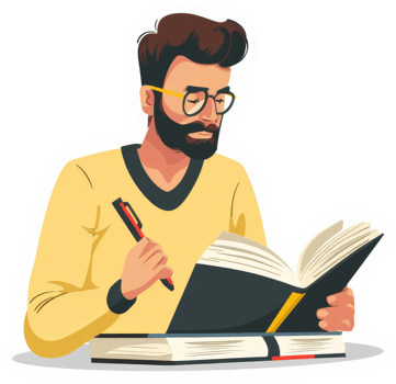 A man with a beard and glasses diligently reads and takes notes from an open book. png