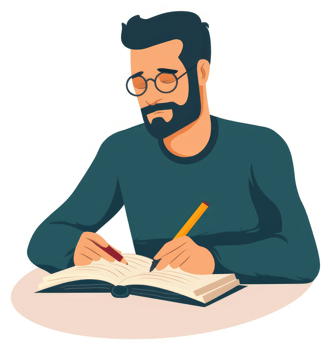 A man with glasses and a beard diligently writing in a notebook. png