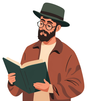 A man engrossed in reading a book, wearing a hat and glasses. png
