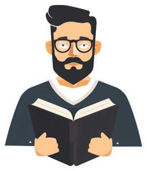 A man with a beard and glasses, engrossed in reading a book. png