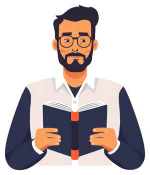 A man with glasses and a beard holding an open book. png
