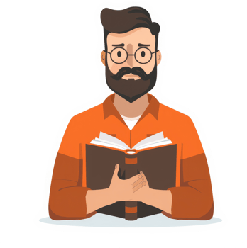 A man in an orange shirt holding a book, thoughtfully reading. png
