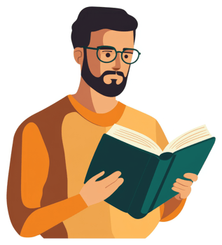 A man in a mustard yellow sweater engrossed in reading an open book. png
