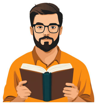 A man in an orange shirt reading a book. png