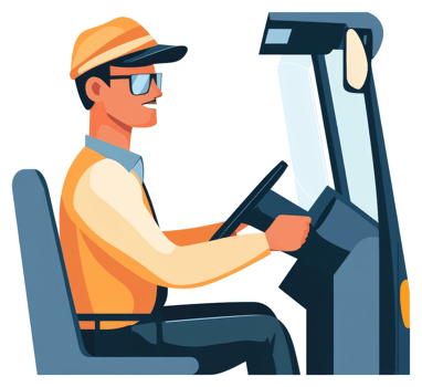 A smiling driver sits at the wheel of a vehicle. png
