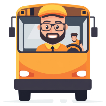 A happy bus driver smiles behind the wheel of a bright orange school bus. png