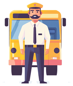 A bus driver stands confidently in front of a yellow school bus. png