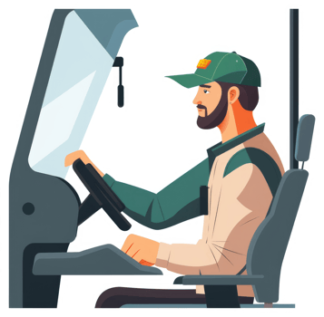A male driver sits in the cab of a vehicle, concentrating on the controls. png