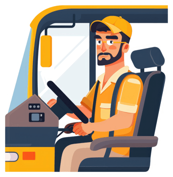 A cartoon illustration of a male bus driver behind the wheel. png