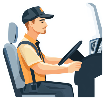 A smiling male driver sits in a vehicle's cab. png
