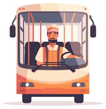 A male bus driver sits at the wheel of a public transportation vehicle. png