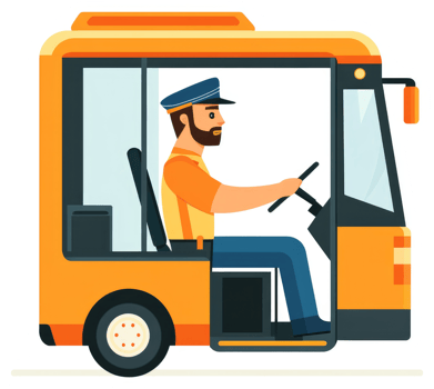A bearded bus driver steers an orange public transport vehicle. png