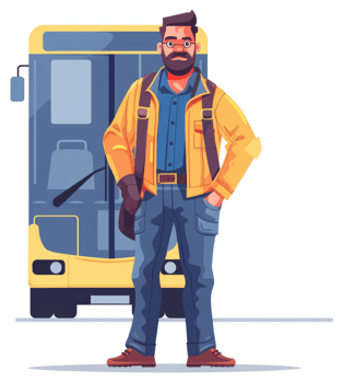 A bearded man in a yellow jacket stands by a city bus. png