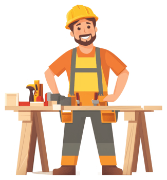 A carpenter stands at his workbench, ready to work on wood projects. png