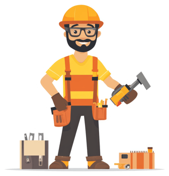 A happy construction worker holding tools and supplies. png