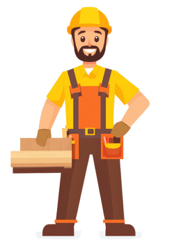 A smiling construction worker carrying wood. png