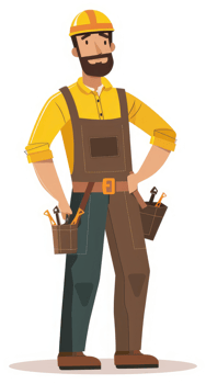 A skilled handyman in a yellow shirt and brown apron, ready to work. png