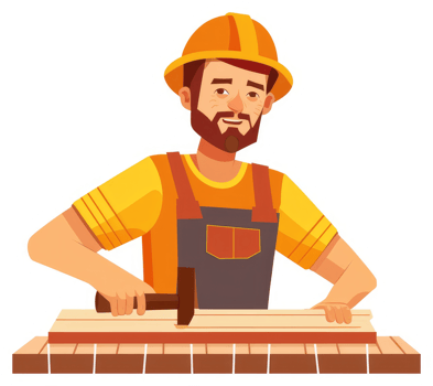 A smiling carpenter in work clothes using a hammer on a wooden plank. png