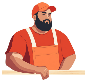A bearded man in orange coveralls, leaning on a piece of wood. png