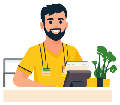 A smiling cashier in a yellow uniform at a store counter. png