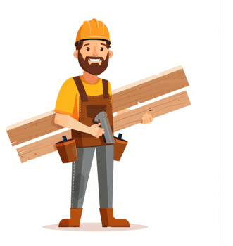 A smiling carpenter carries lumber. png
