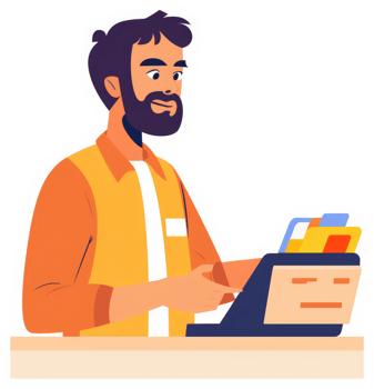 A man in a mustard yellow shirt working at a cash register. png
