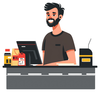 A friendly cashier working at a retail checkout counter. png