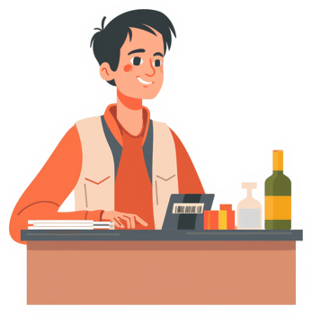 A young person working at a retail checkout counter. png