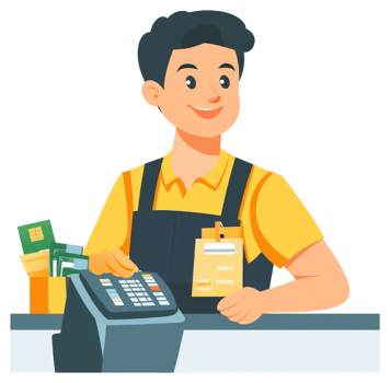 A friendly cashier processing a transaction at a store. png