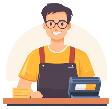 A friendly cashier at a store counter, smiling and ready to assist. png