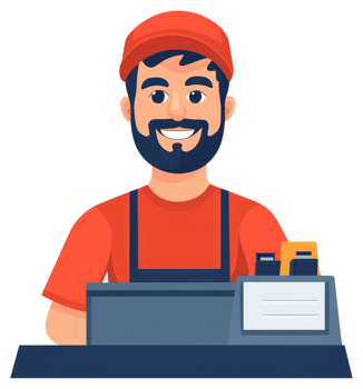 A friendly cashier at a store counter, ready to serve customers. png