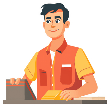 A friendly cashier at a store counter, ready to assist customers. png