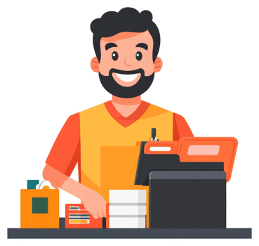 A friendly cashier working at a retail store. png