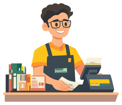 A friendly store employee handling a transaction at the checkout. png