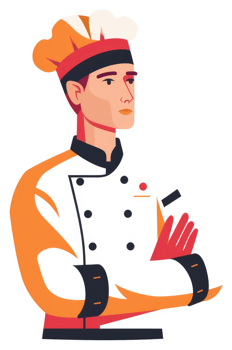 A confident chef in a traditional uniform, poised and ready to cook. png