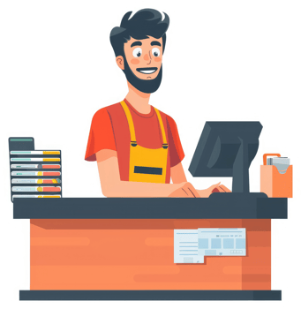 A friendly store cashier working at a checkout counter. png