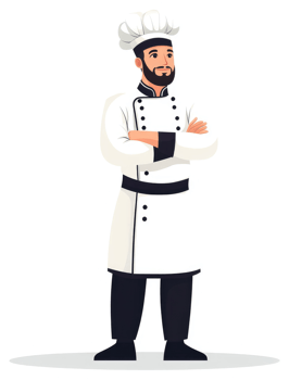 A confident chef in a traditional white and black uniform. png