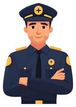 A uniformed officer with arms crossed, displaying authority and professionalism. png