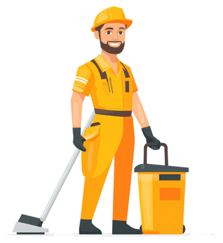 A smiling worker in bright yellow uniform holding a vacuum cleaner and bin. png