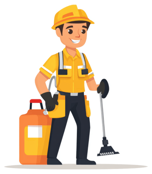 A smiling pest control worker equipped with tools and a gas canister. png