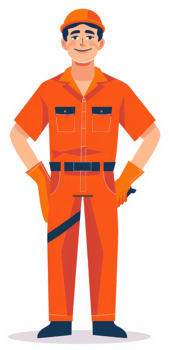 A smiling worker in vibrant orange safety uniform. png