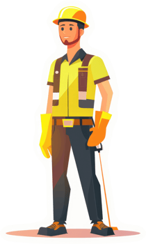 A smiling construction worker in safety gear holding a tool. png