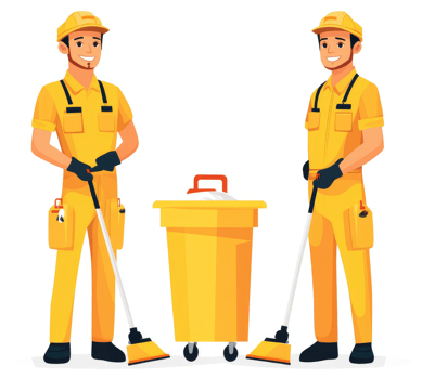 Two uniformed sanitation workers in yellow uniform with cleaning equipment. png