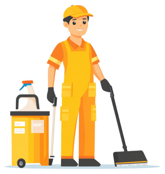 A cheerful worker in bright yellow uniform is equipped with cleaning supplies. png