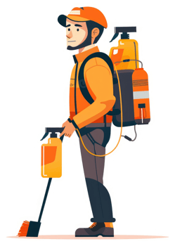 A worker in protective gear, equipped with a backpack sprayer and brush, ready for outdoor cleaning. png
