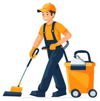A professional cleaner pushing a cleaning cart with equipment. png