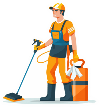 A professional cleaner wielding cleaning tools and equipment. png
