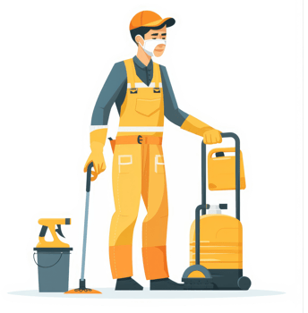 A worker in protective gear, holding cleaning equipment, ready for a job. png