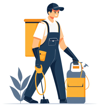A pest control worker carries pesticide equipment and backpack. png
